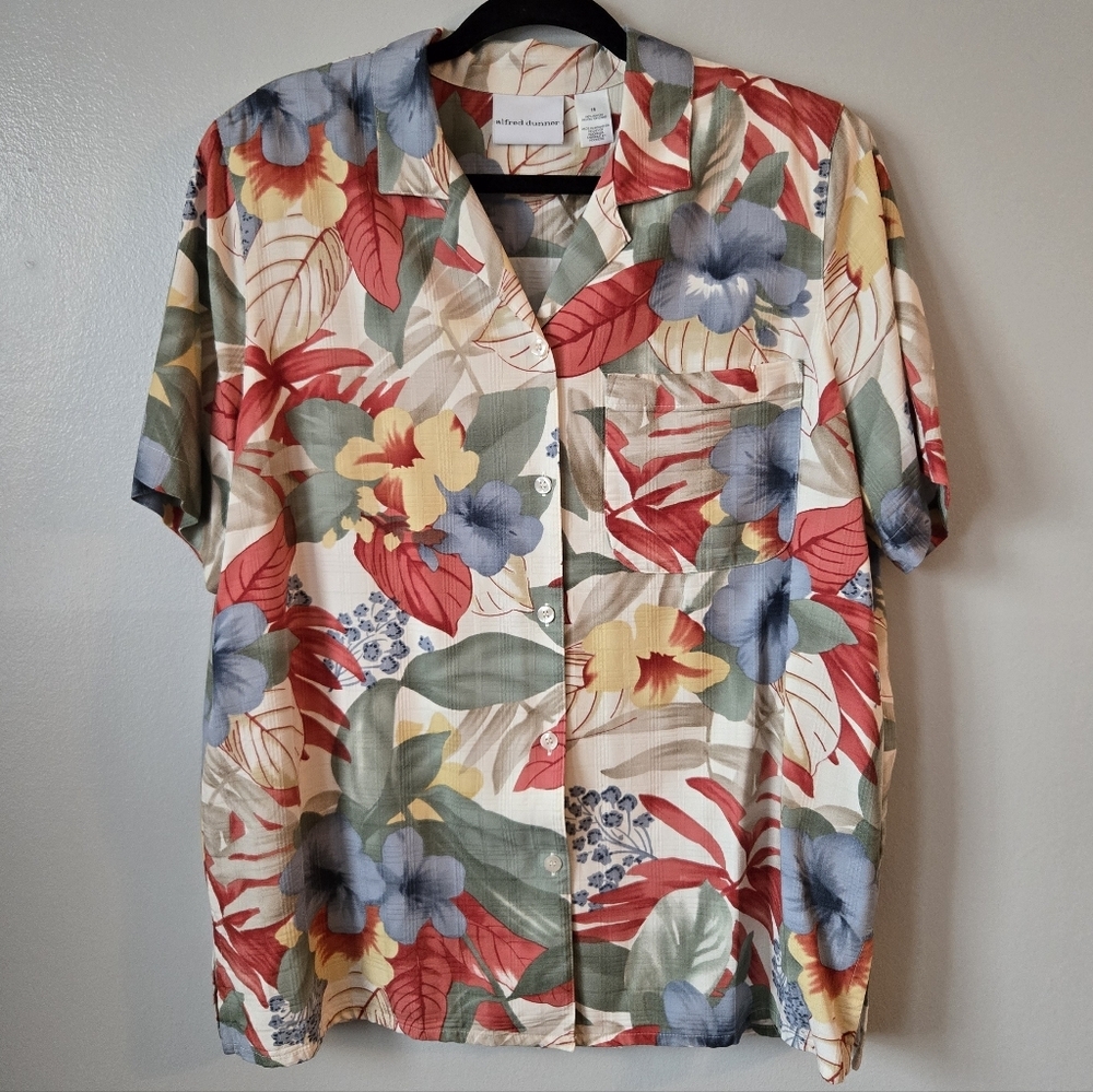 Alfred Dunner Floral Tropical Button Front Shirt Summer Vacation Coastal Grandma